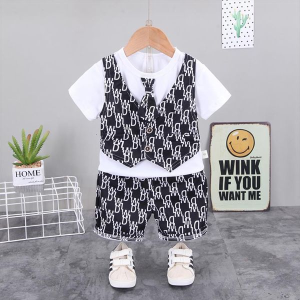 

summer kids children cotton clothing baby boys casual bow tie t shirt shorts 2pcs sets infant clothes toddler tracksuit, White