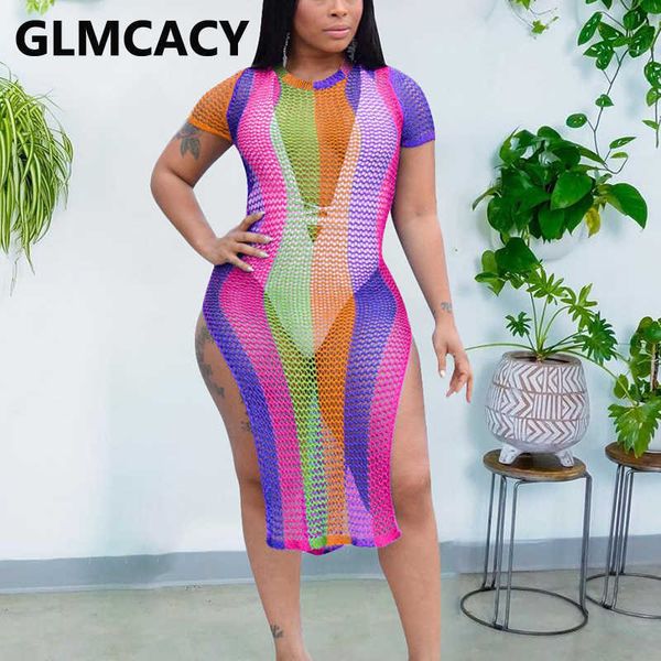 

short sleeve hollow out mesh slit dress summer beachwear dresses 210702, Black;gray