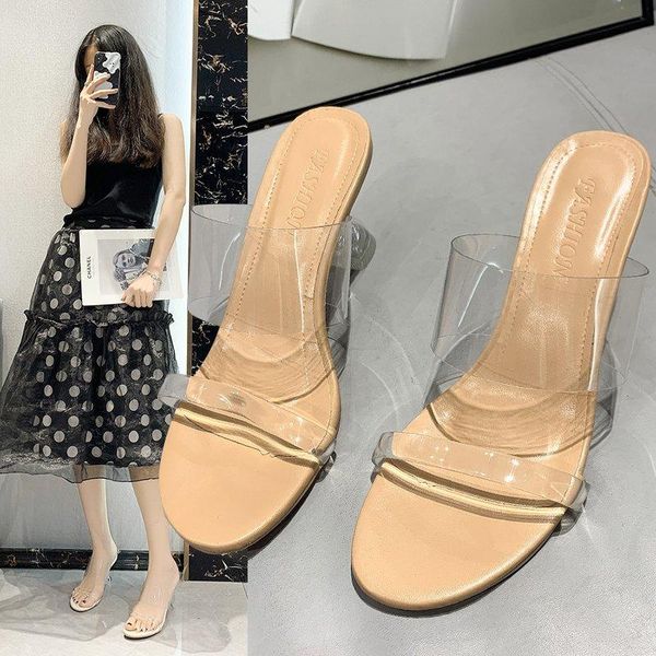 

slipper slip on thin heels slides pvc jelly slippers fashion open toe high crystal women transparent heel shoes, Black