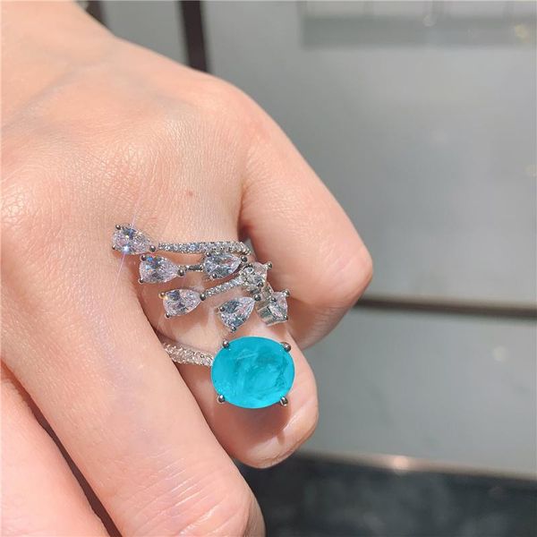 

cluster rings qluxury egg paraiba tourmalineÂ gemstone ring 925 sterling silver resizable for wedding bridal women fine jewelry, Golden;silver
