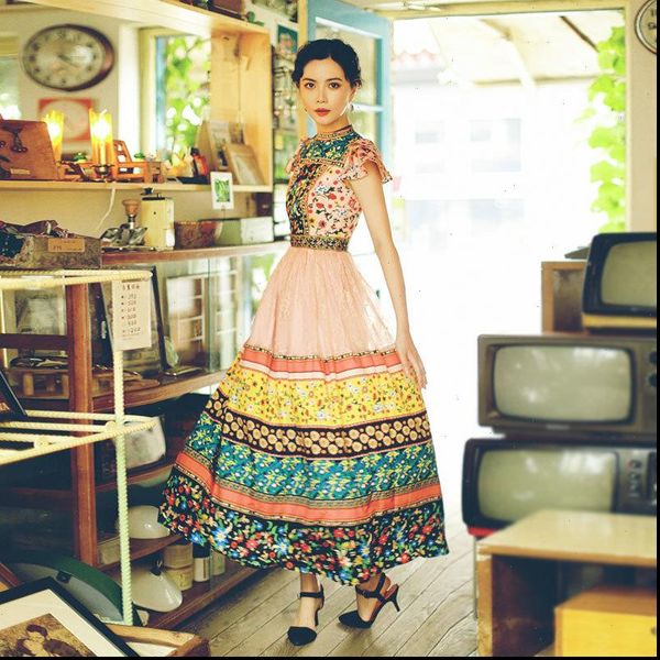 

designer runway long maxi women dress summer chiffon patchwork lace printed floral short sleeve slim vestidos, Black;gray