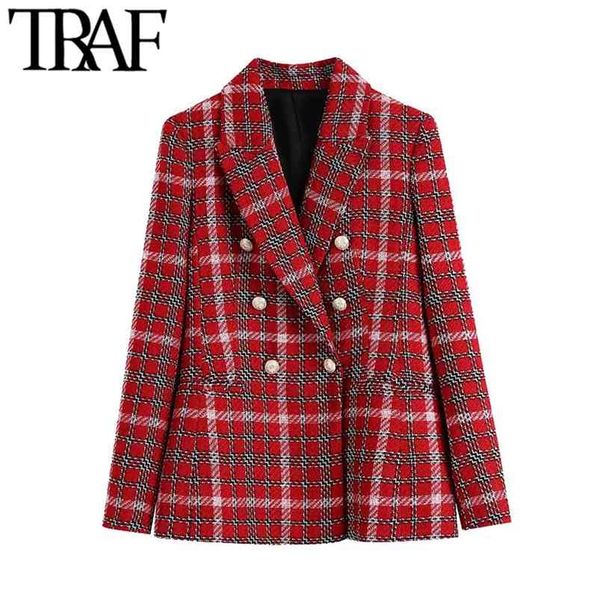 

women fashion double breasted check tweed blazers coat vintage long sleeve with buttons female outerwear chic 210507, White;black