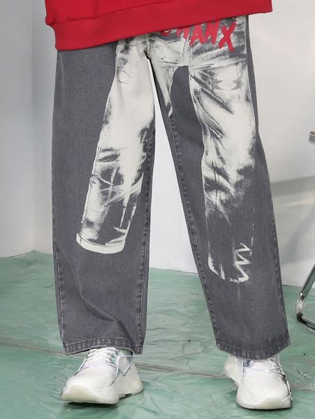 

men graffiti & letter graphic slogan patched detail wide leg jeans x0vx#, Blue