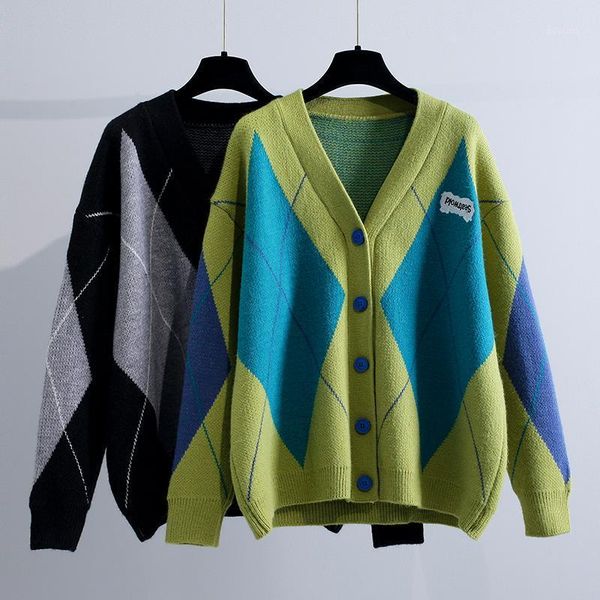 

women's knits & tees vintage patchwork plaid check sweater warm cardigan women 2021 winter korean casual loose outside knitted jumpers, White