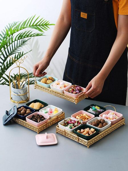 

dishes & plates nordic luxury ceramic plate with lid and grid metal frame tableware nut dried fruit candy ktv club melon seed snack