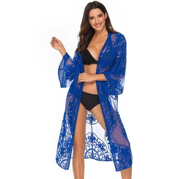 

womens floral lace bikini cover ups crochet sheer open front cardigan solid color swimsuit beach midi long kimono women's swimwear, White;black