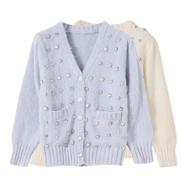 

women's sweaters spring white diamonds blue cardigan women's collar v fashion short stylish sweater enj7, White;black