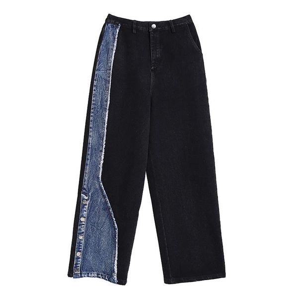 

korean style woman full length denim patchwork elastic waist long pants straight ladies jean stylish casual trousers women's jeans, Blue
