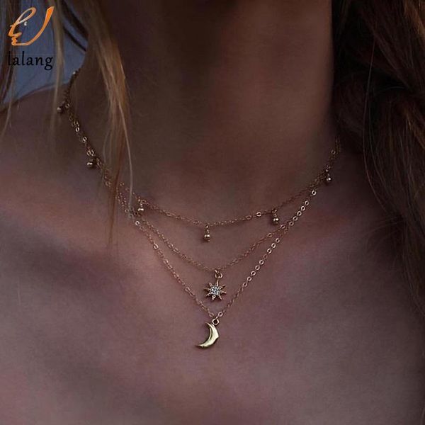 

chains simple boho gold color star moon bead multilayer choker necklace for women bijou necklaces pendants layering chokers, Silver