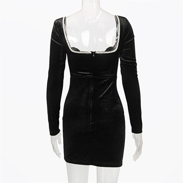 

2021jillperi long sleeve deep v neck wired diamante crystal padded shoulder bodycon outfits women winter velvet party dress, Black;gray