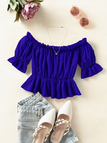 

flounce sleeve frill trim bardot peplum blouse 35ma#, White
