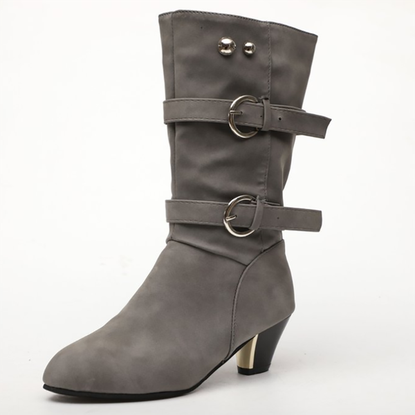 

boots female 2021 autumn winter slip on chunky heeled short bota pointed toe pu leather buckle mid-calf casual shoes, Black