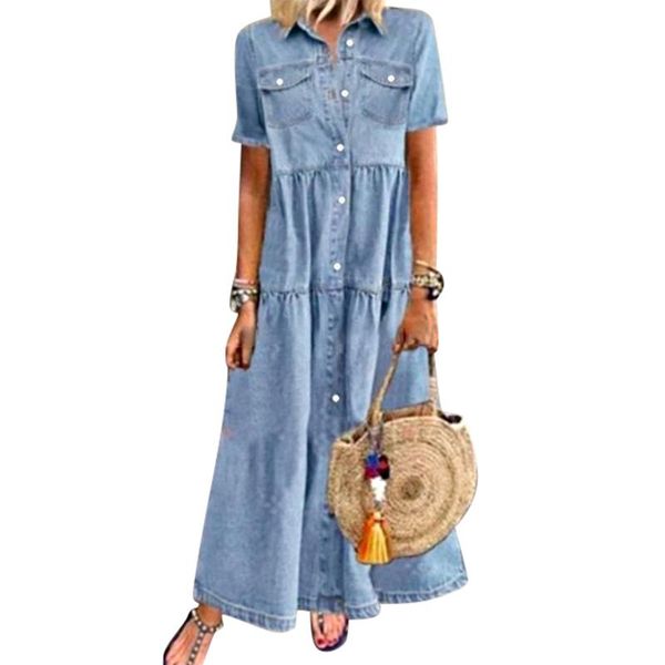 

casual dresses summer denim dress women turn down collar pockets button jean shirt retro loose long robe femme, Black;gray