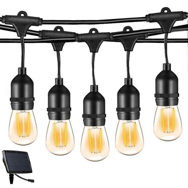 

strings s14 solar string lights outdoor 48ft patio light with 15 led bulbs & usb charging 4 lighting modes for backyard fence