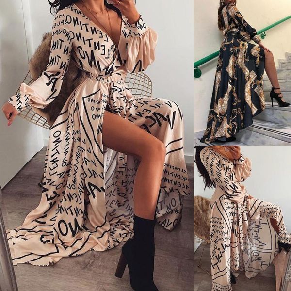 

casual dresses 2021 bohemian women long sleeve dress floral baggy loose maxi sundress holiday party, Black;gray