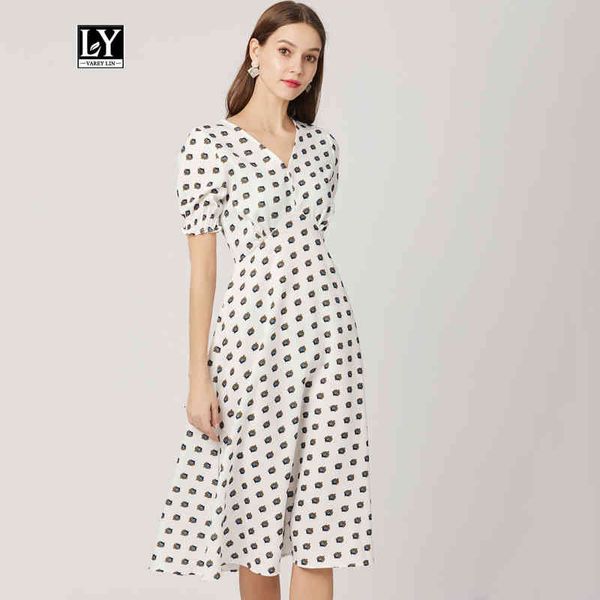 

dresses elegant v neck puff sleeve women vintage high waist slim a-line floral print midi dress vestidos, Black;gray
