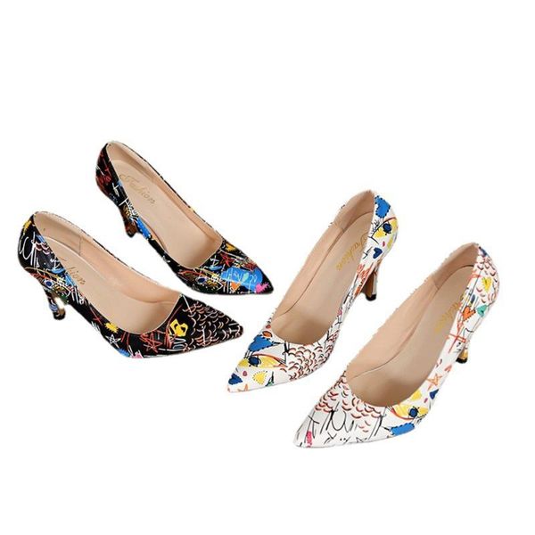 

dress shoes pointed toe hand drawn graffiti high heels art pattern women's, Black