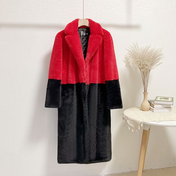 

stage wear winter new turn down collar faux leather fur long coats women patchwork sleeve loose straight warm thicken plush mgw7, Black;red