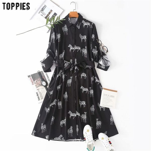 

autumn long sleeve midi dress womens animal printing shirt lace-up belt elegant vestidos 210421, Black;gray