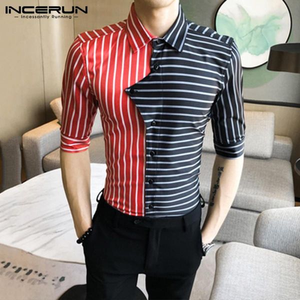 

fashion men casual shirt striped patchwork half sleeve lapel british streetwear chic business shirts s-5xl men's, White;black