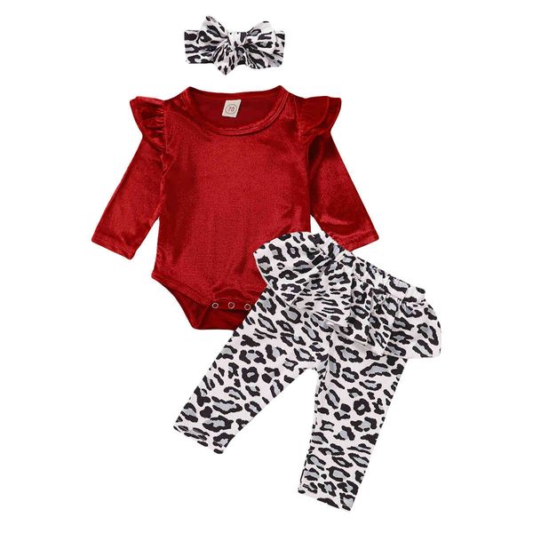 0-24 Monate süßes geborenes Baby Mädchen Weihnachtskleidung Set Samt rot Langarm Strampler Rüschen Leopard Hosen Outfits 210515