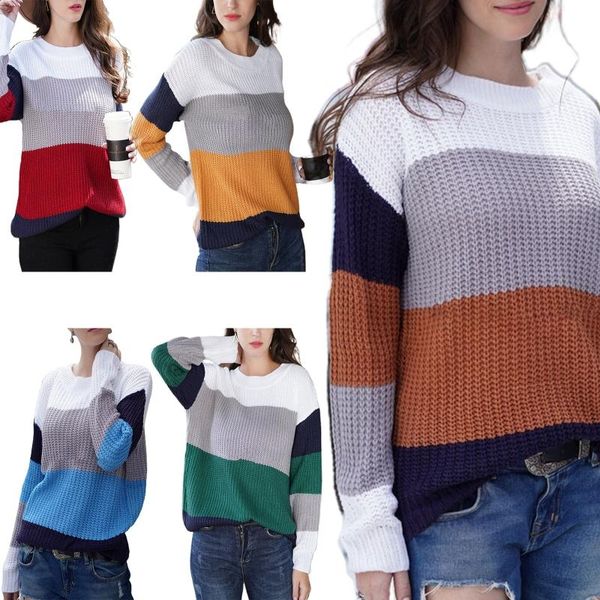 

women's sweaters women autumn crew neck sweater color block striped crochet knitted pullover casual loose long sleeve rib trim jumper, White;black