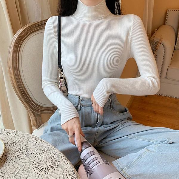 

women's sweaters turtleneck ribbed pull sweater soft warm femme jumper pullover 2021 autumn winter long sleeve knitted foldover, White;black