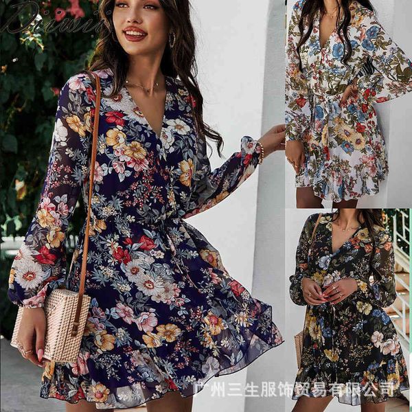 

2021 chiffon digital print dress party beach skirt lace v-neck dress, Black;gray