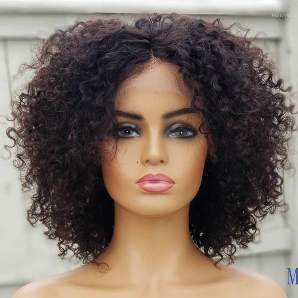 

soft remy kinky curly cut bob 13x4 lace front glueless wig with baby hair human for all women large cap size daily wigs1, Black;brown