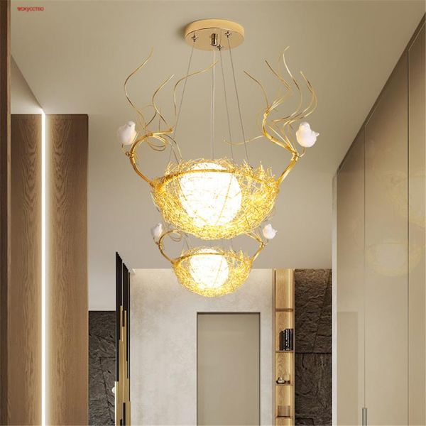 

pendant lamps nordic cottagecore decor golden bird's nest led lights for kitchen dining table hallway loft art suspension hanging lamp