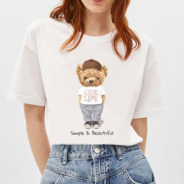 

women's t-shirt blingpaw minimalist graphics make life simple & beautiful teddy bear short-sleeved tees o-neck casual 100% cotton, White