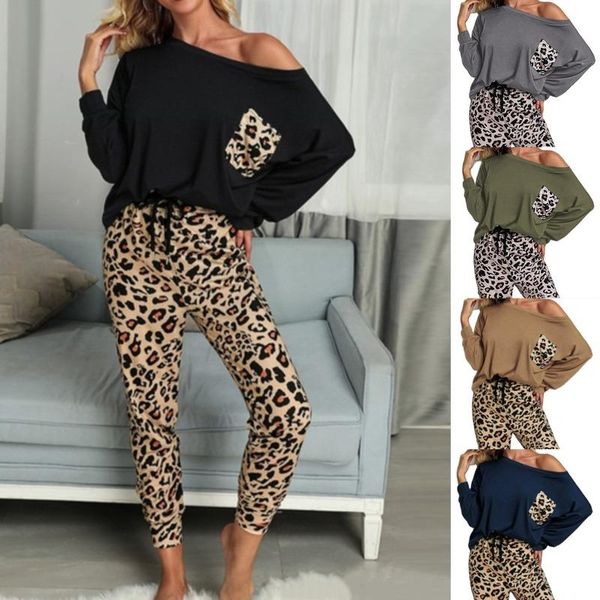 

women's two piece pants european and american autumn winter home casual suit female leopard print pocket t-shirt trousers strapless two, White