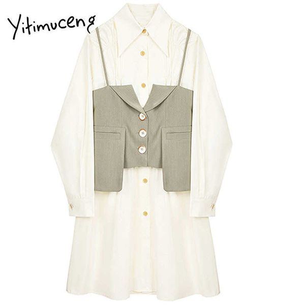 Yitimuceng patchwork botão vestido mulheres a linha mini mola branco quadrado colar de manga longa alta cintura roupas senhora 210601