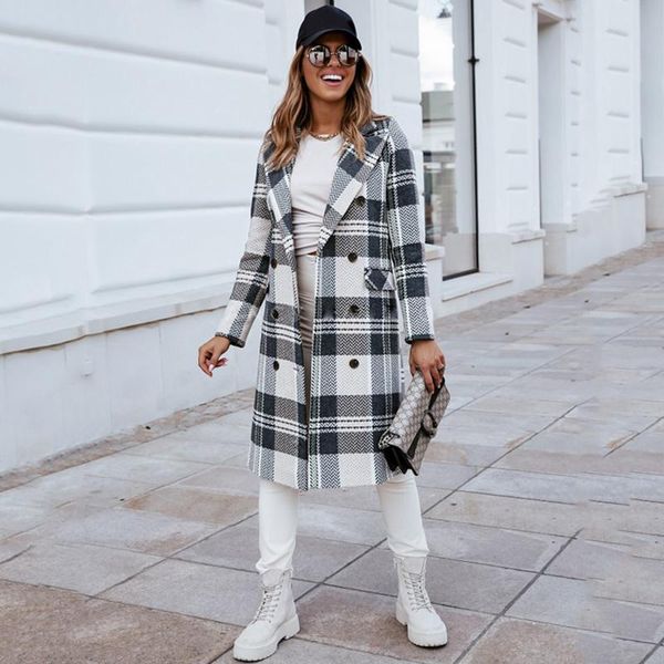 

women's wool & blends houndstooth woolen wrap woman coats autumn winter 2021 elegant pocket buttons loose overcoat long female fitted l, Black
