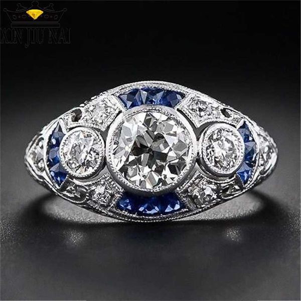 Anelli in argento 925 Retro Court Full Cubic Zirconia Ring per le donne Ladies Elegant Blue Crystal Rings Banchetto Sapphire Jewelry 211217