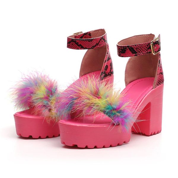 

women's sandals summer high heels vintage plush fur slippers peep toe square heel wedges shoes zapatos mujer sandalias dress, Black