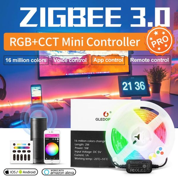 

smart home control gledopto zigbee3.0 5v usb mini rgbcct strip controller kit voice remote work with alexa amazon echo plus