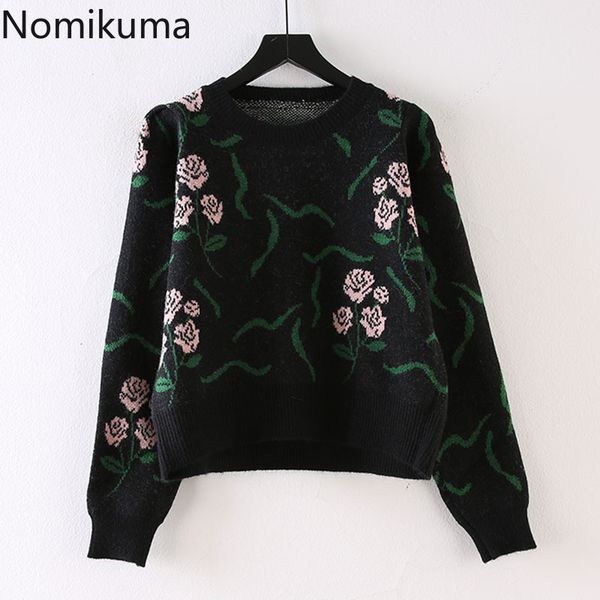 

nomikuma autumn winter women sweater korean floral causal knitted pullover long sleeve o-neck vintage pull femme 6c737 210427, White;black