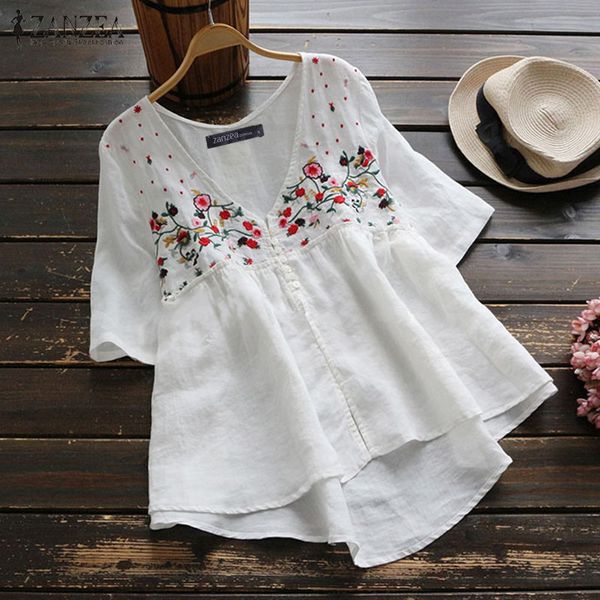 

women tunic zanzea female vintage embroidery blouse casual buttons asymmetrical hem shirts office lady blusas plus size, White