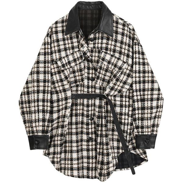 

women's trench coats superaen tweed coat autumn 2021 loose waist slim single breasted casual plaid woolen women clothes, Tan;black