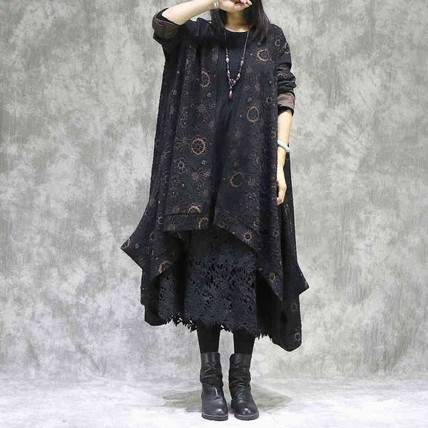

johnature women vintage irregular trench print floral jacquard coats spring loose cardigan female trench 210521, Tan;black