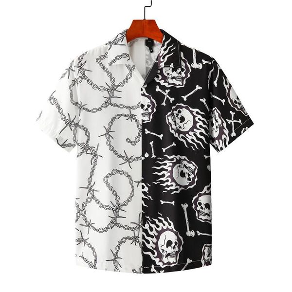 

men's casual shirts skull printed summer short sleeve patchwork beach hawaiian streetwear hip hop fashion aloha harajuku, White;black