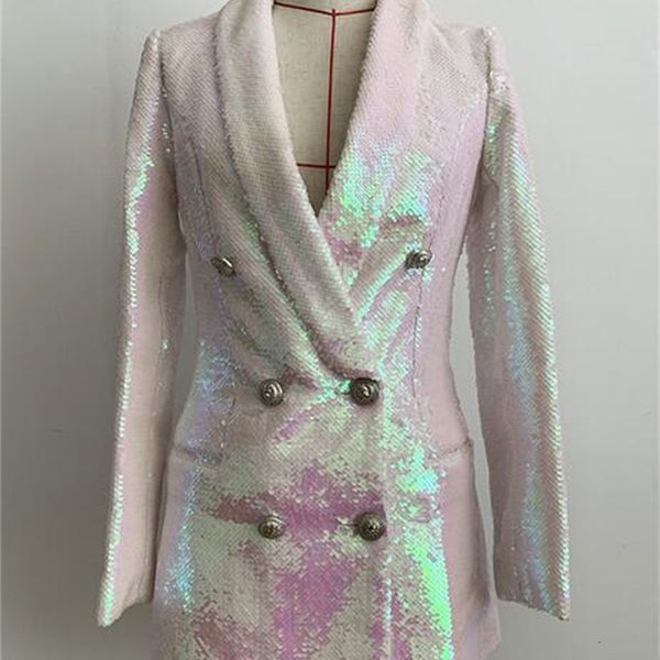 

latest european and american explosion models double row metal lion buckle sequins slim blazer, White;black