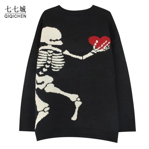 

men's sweaters hip hop skeleton knitting sweater men women oversized retro bone heart pullover winter warm street harajuku soft unisex, White;black