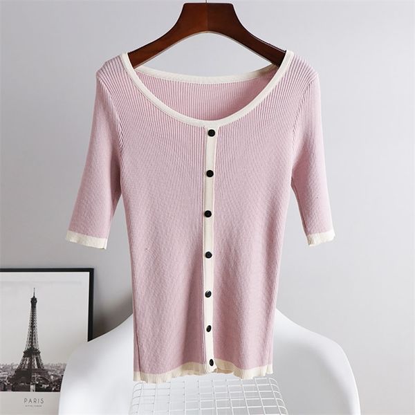 

women's knits & tees korean fashion knitted half sleeve patchwork pullovers women o-neck slim thin white black pink summer sw