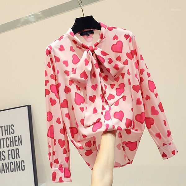 

women's blouses & shirts chic pink for women long sleeve shirt bow neck heart printed elegant cute casual, White