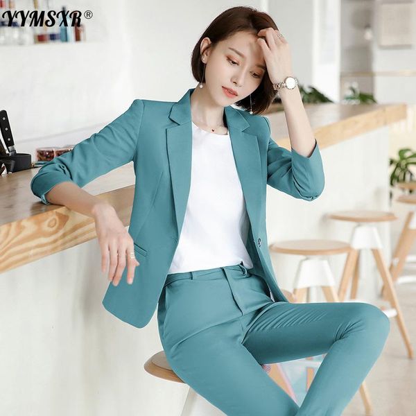 

women's two piece pants high-quality suit plus size 2021 autumn casual ladies office blazer high waist slim 9-point 2-piece set, White