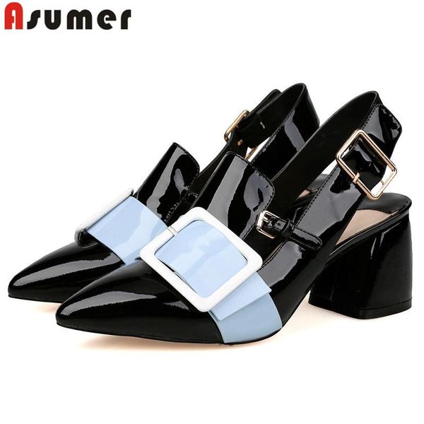 

pumps women shoes pointed toe shallow buckle high heels mixed colors patent leather dress, Black