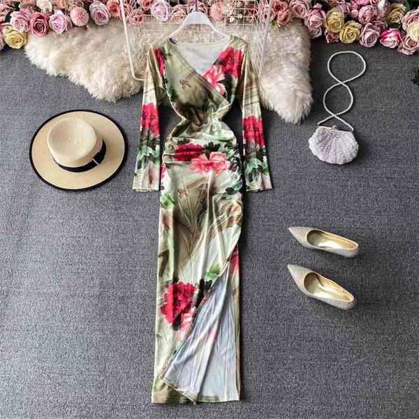 

spring autumn temperament waist slim slimming v-neck dress tie-dye printing bag hip split long c095 210506, Black;gray