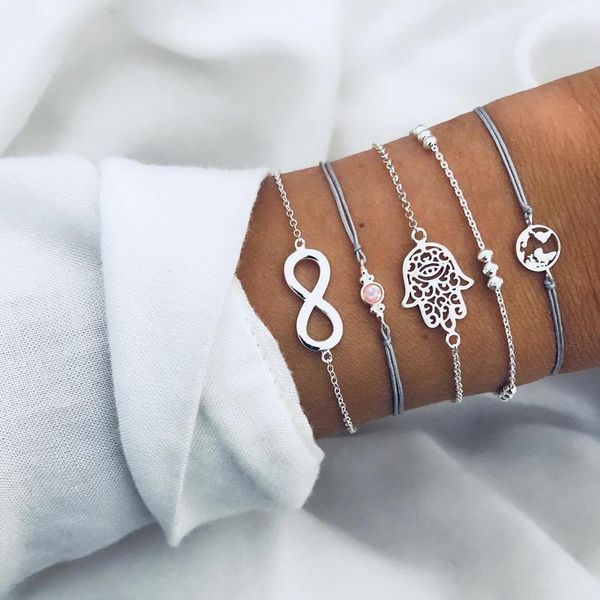 

link, chain 5 pcs/ set punk retro palm map digital bead gem silver leather pendant bracelet female charm multilayer, Black